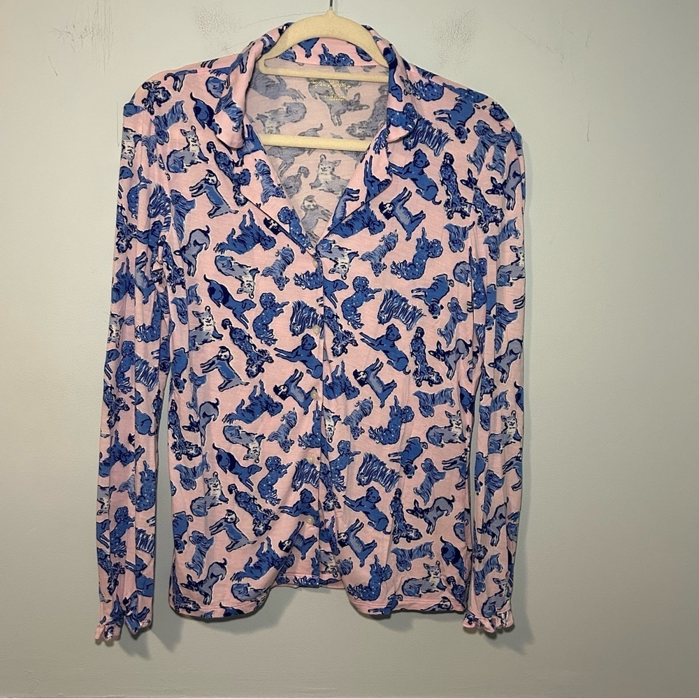 Lilly Pulitzer Zanzibar Pink & Blue Ruff Night Button-Up Ruffled PJ Top Size XS